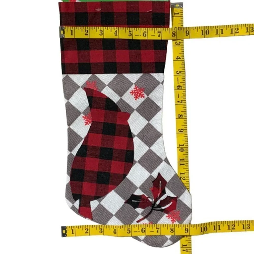 Christmas Stocking Cardinals Buffalo Check Plaid Red Black 17 inch 2 Piece